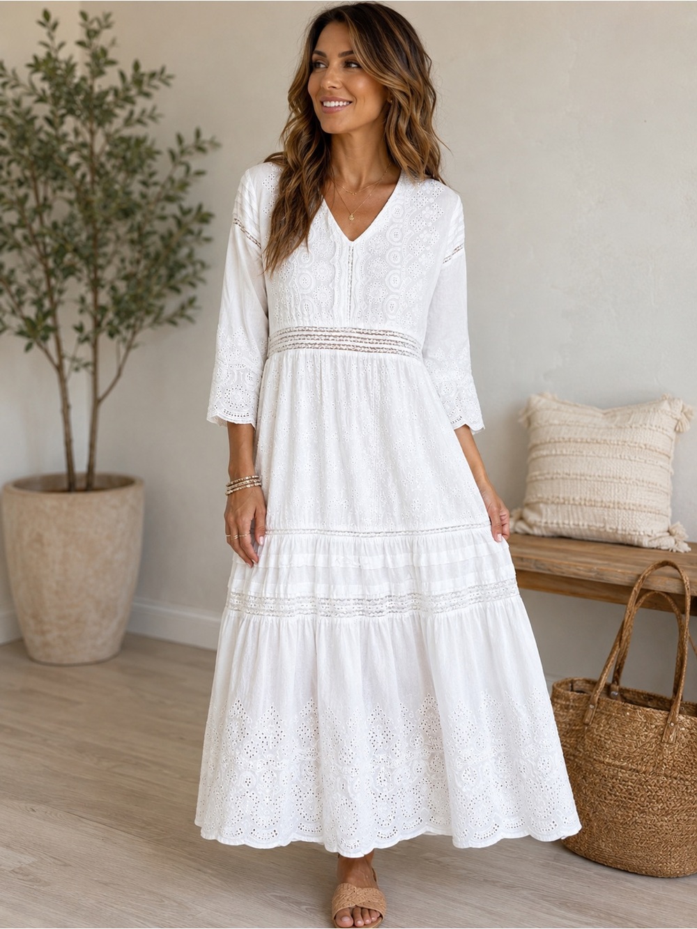 House of Skye 100% Cotton Bohemian V-Neck White Eyelet Maxi Dress size L/XL